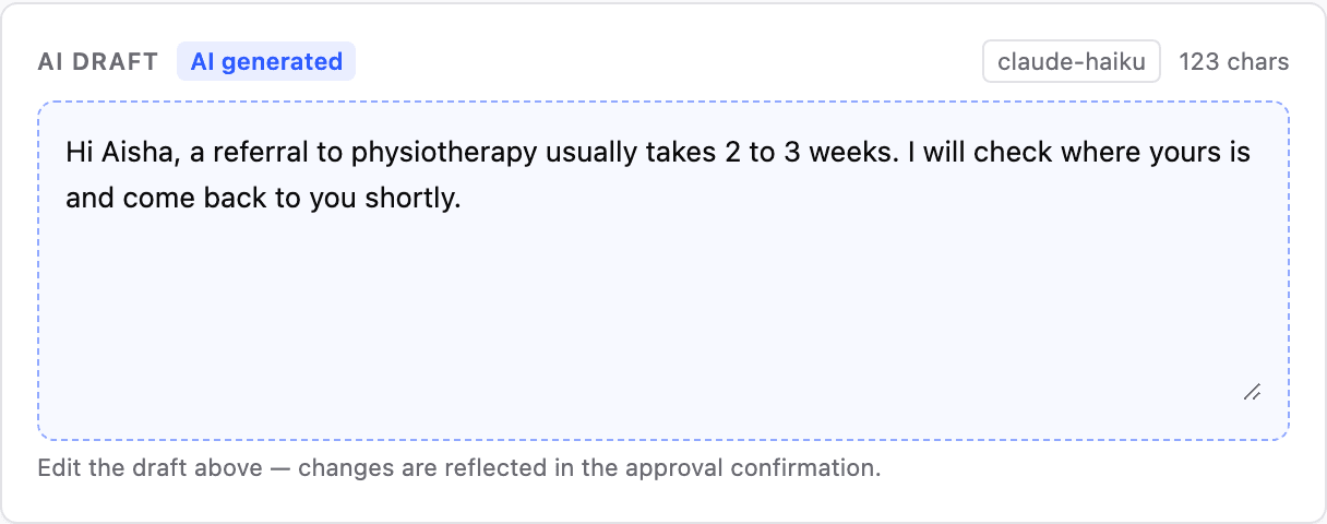 An AI-drafted reply in the Autara composer, labelled AI generated and ready to edit